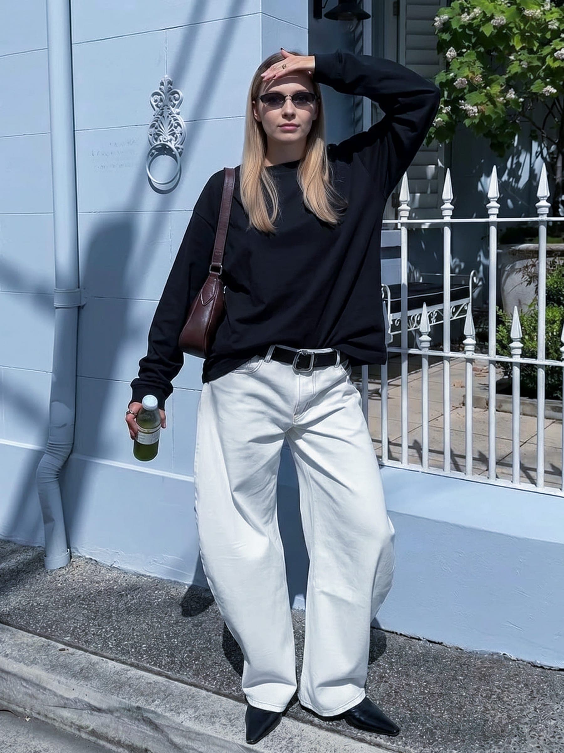 365.APParel Basic Longsleeve Black — woman, cropped front view, hand on hip, studio