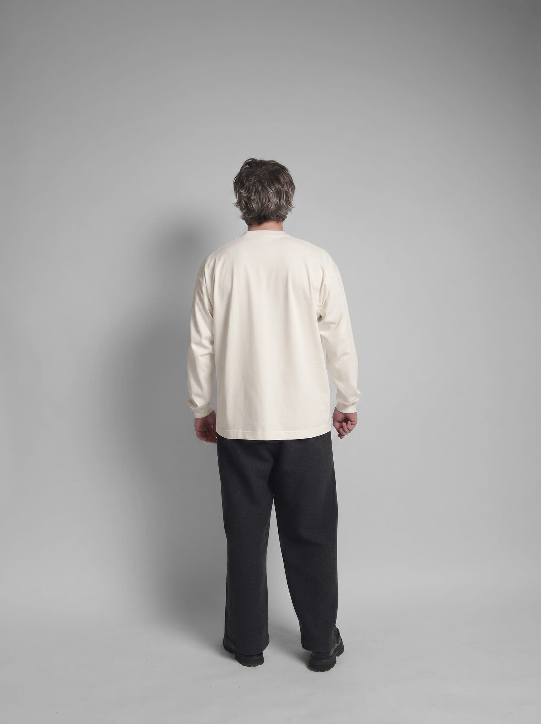 365.APParel Basic Longsleeve Off White — man, full body back view, studio