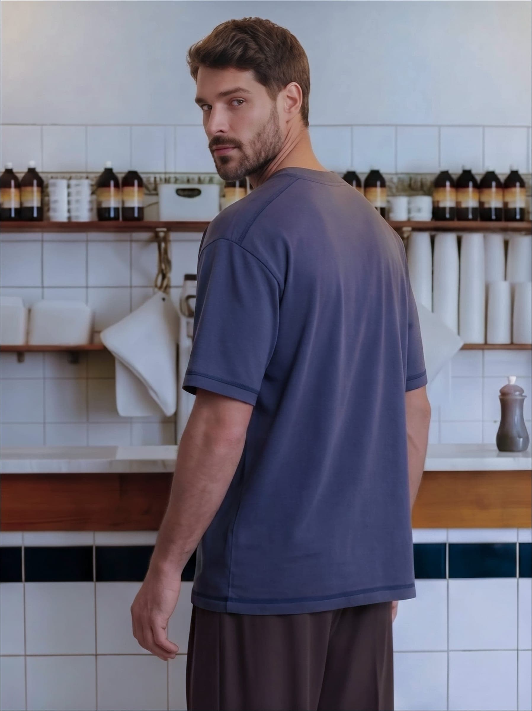365.APParel Basic T-shirt Graphite — man, cropped back view, looking over shoulder, café interior, indoor