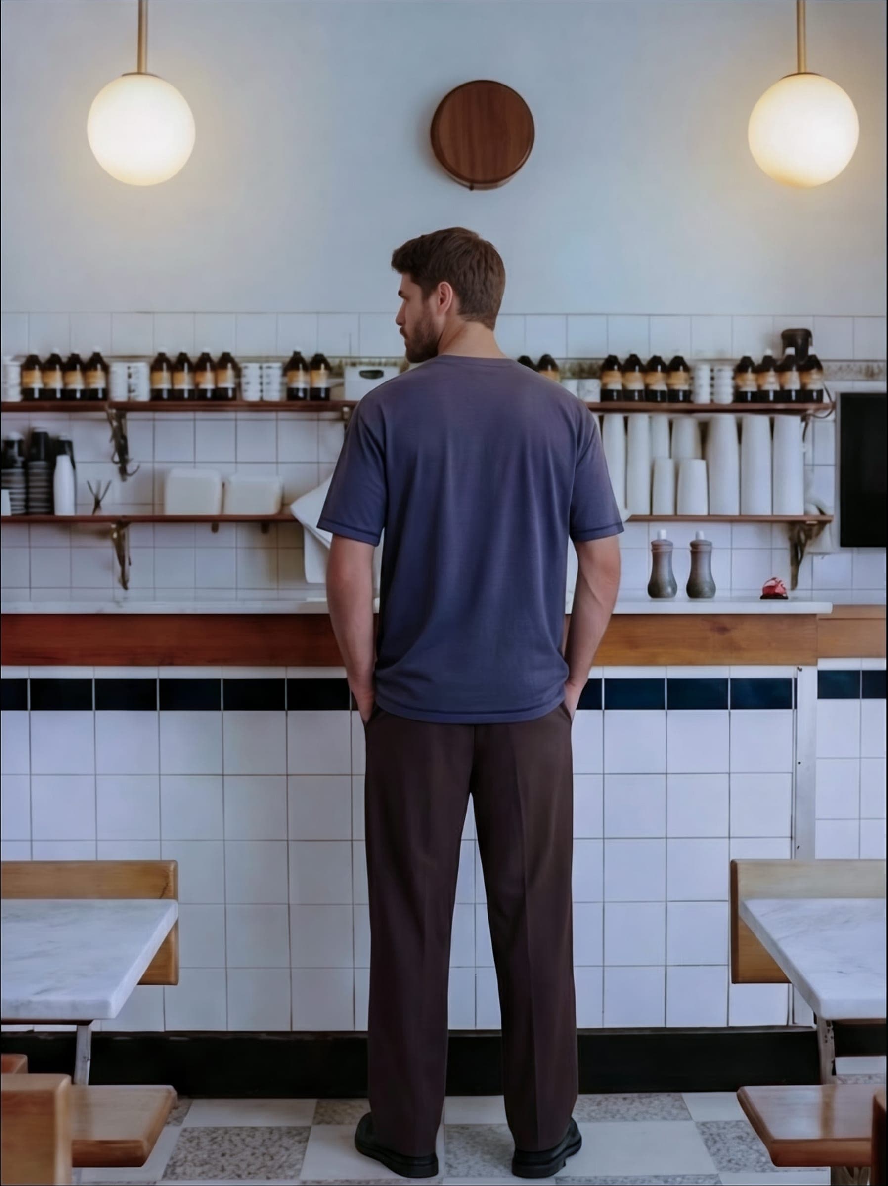 365.APParel Basic T-shirt Graphite — man, full body back view, facing bar counter, café interior, indoor