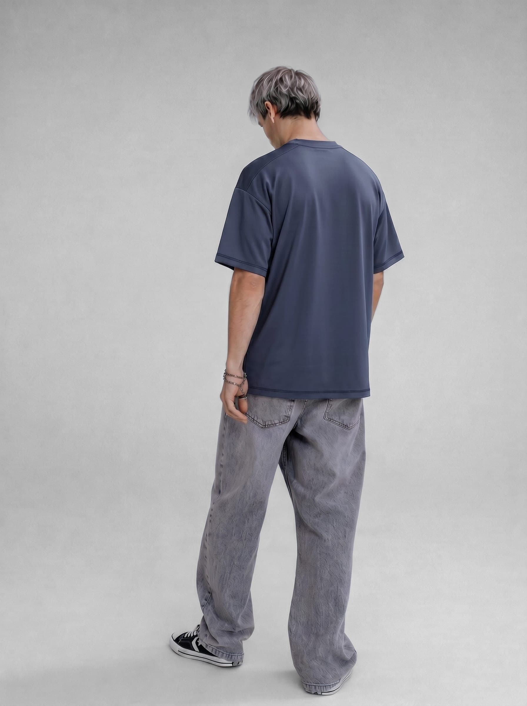 365.APParel Basic T-shirt Graphite — man, full body back view, three-quarter turn, studio