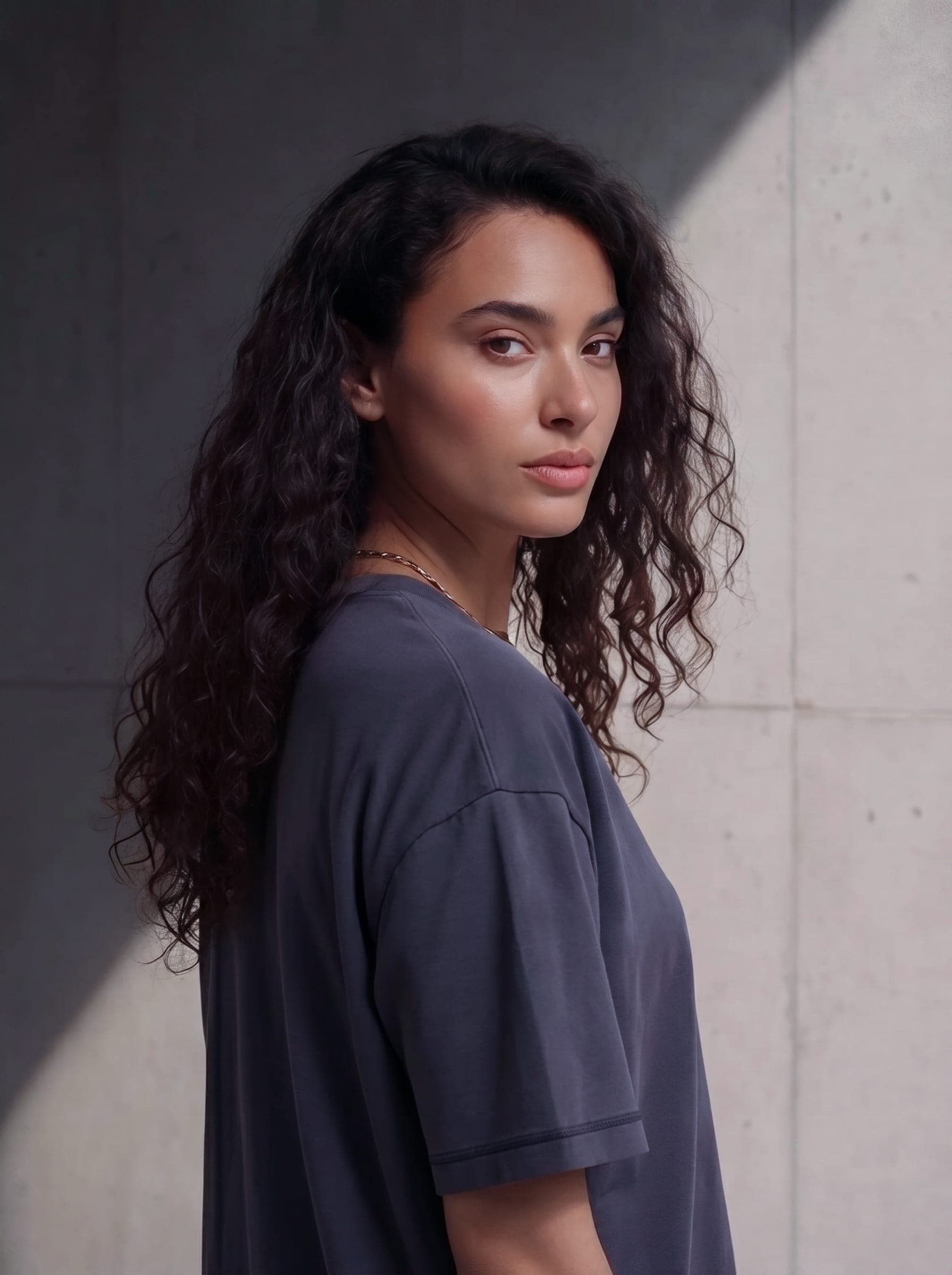 365.APParel Basic T-shirt Graphite — woman, cropped upper body, looking over shoulder, concrete wall, outdoor