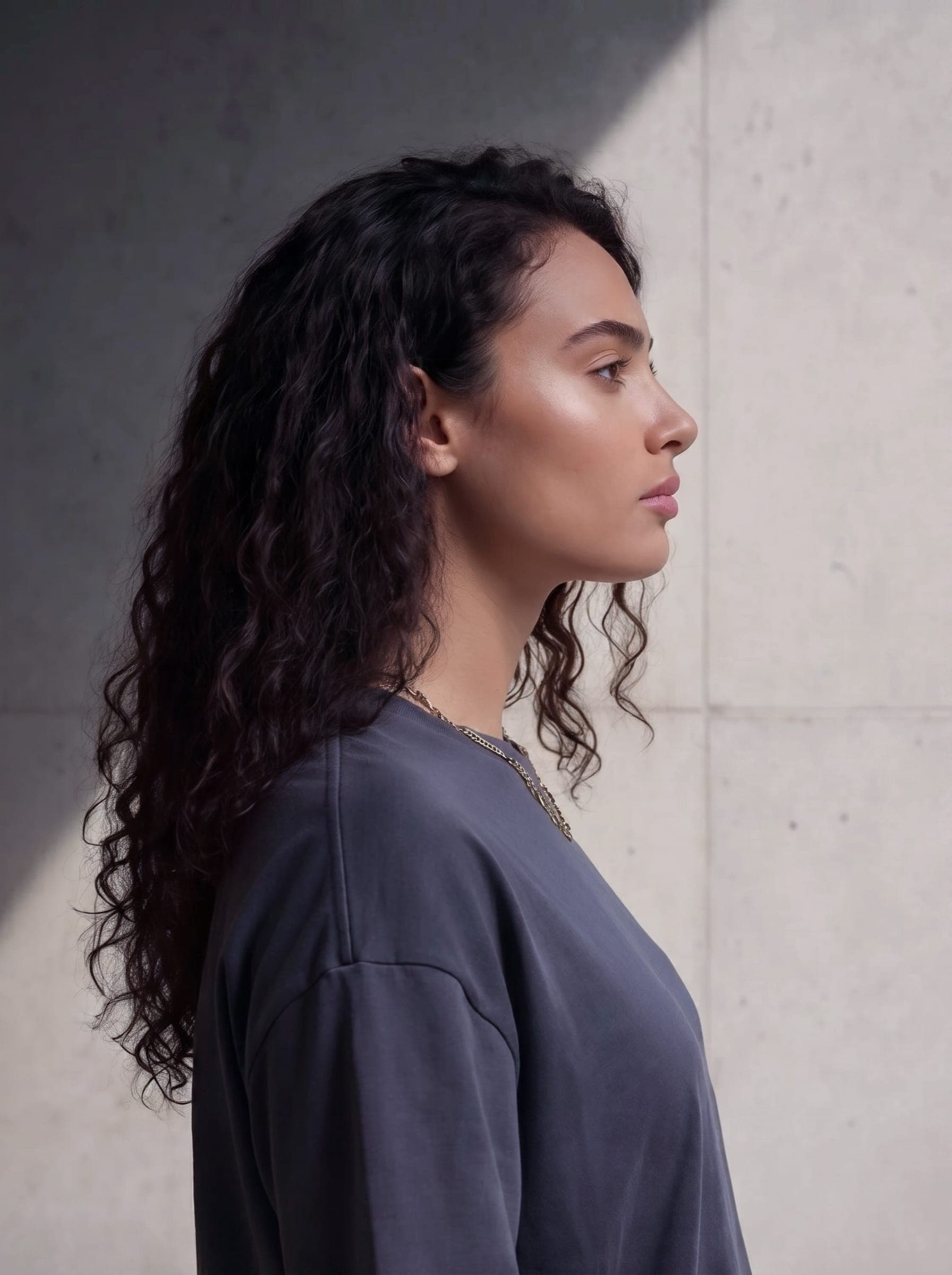 365.APParel Basic T-shirt Graphite — woman, cropped side profile, looking away, concrete wall, outdoor