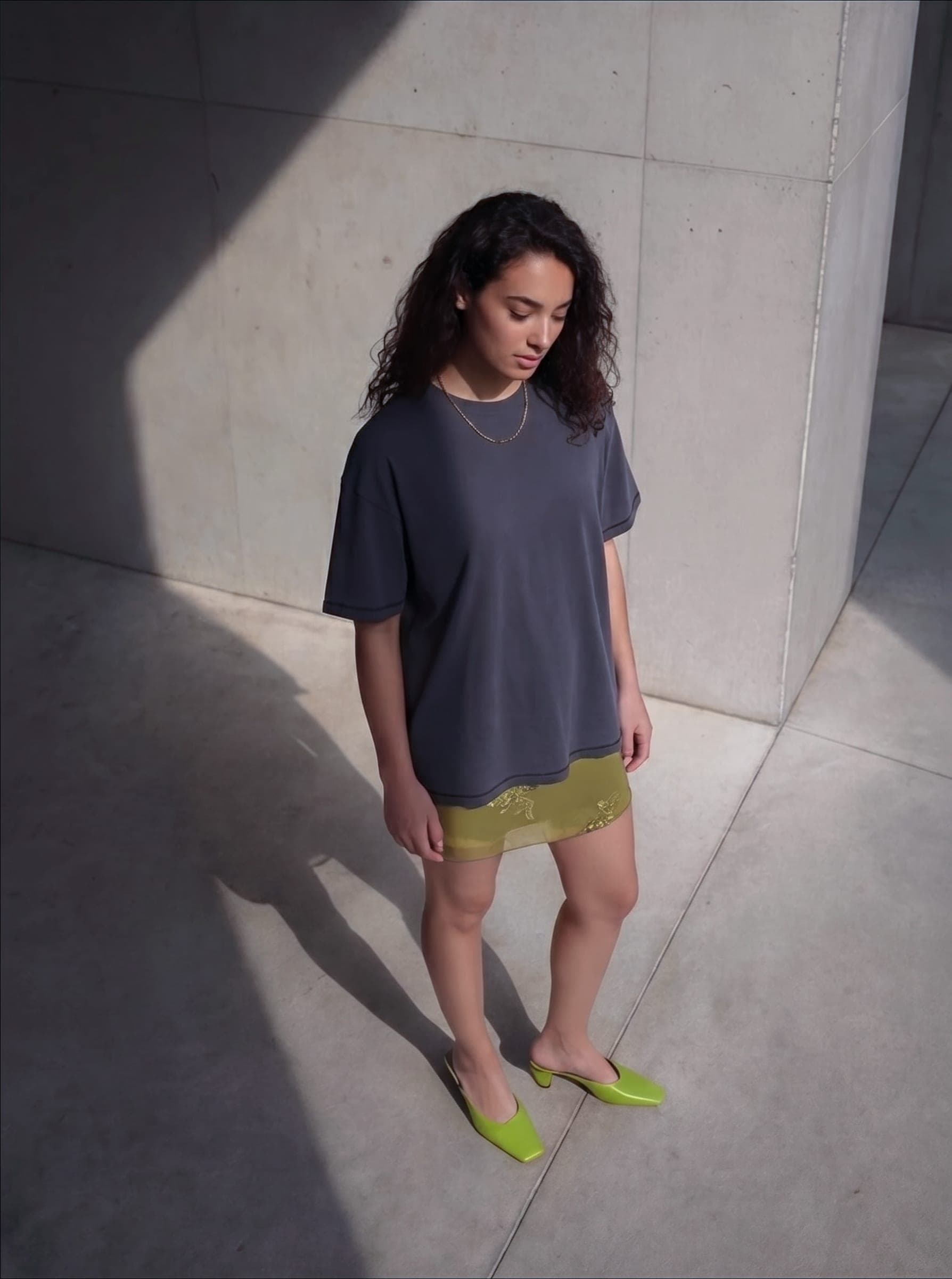 365.APParel Basic T-shirt Graphite — woman, full body front, looking down, concrete floor, outdoor