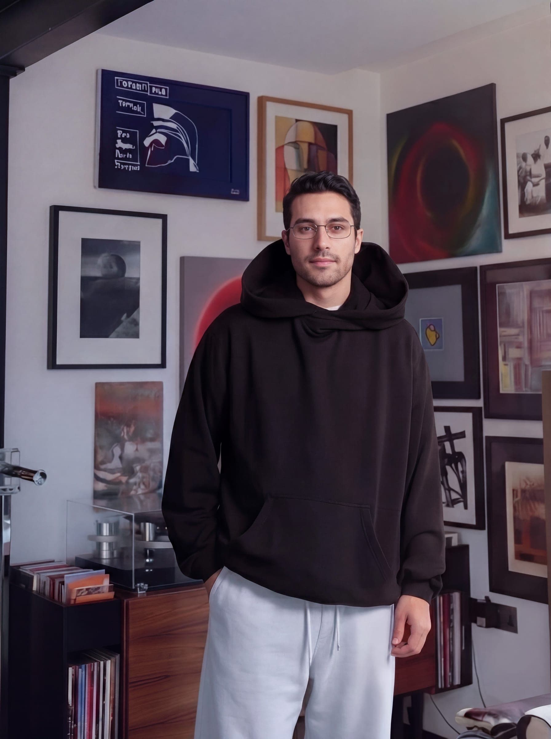 365.APParel Oversize Hoodie Black — man, full body front, gray hair pulled back, pulling up hood with both hands, cream wide-leg trousers, studio