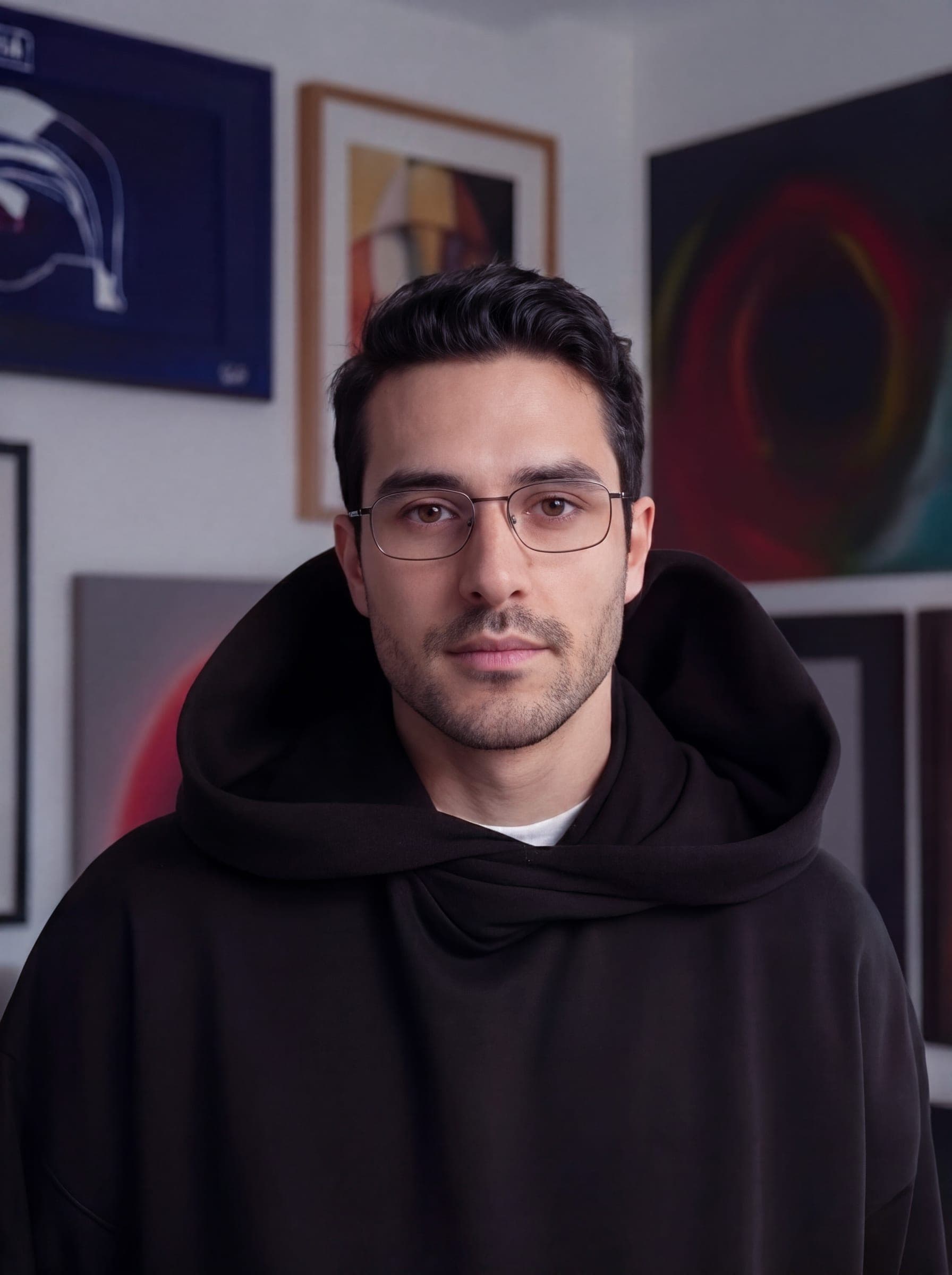 365.APParel Oversize Hoodie Black — man, full body front, pulling up hood with both hands, hood visible, cream wide-leg trousers, studio