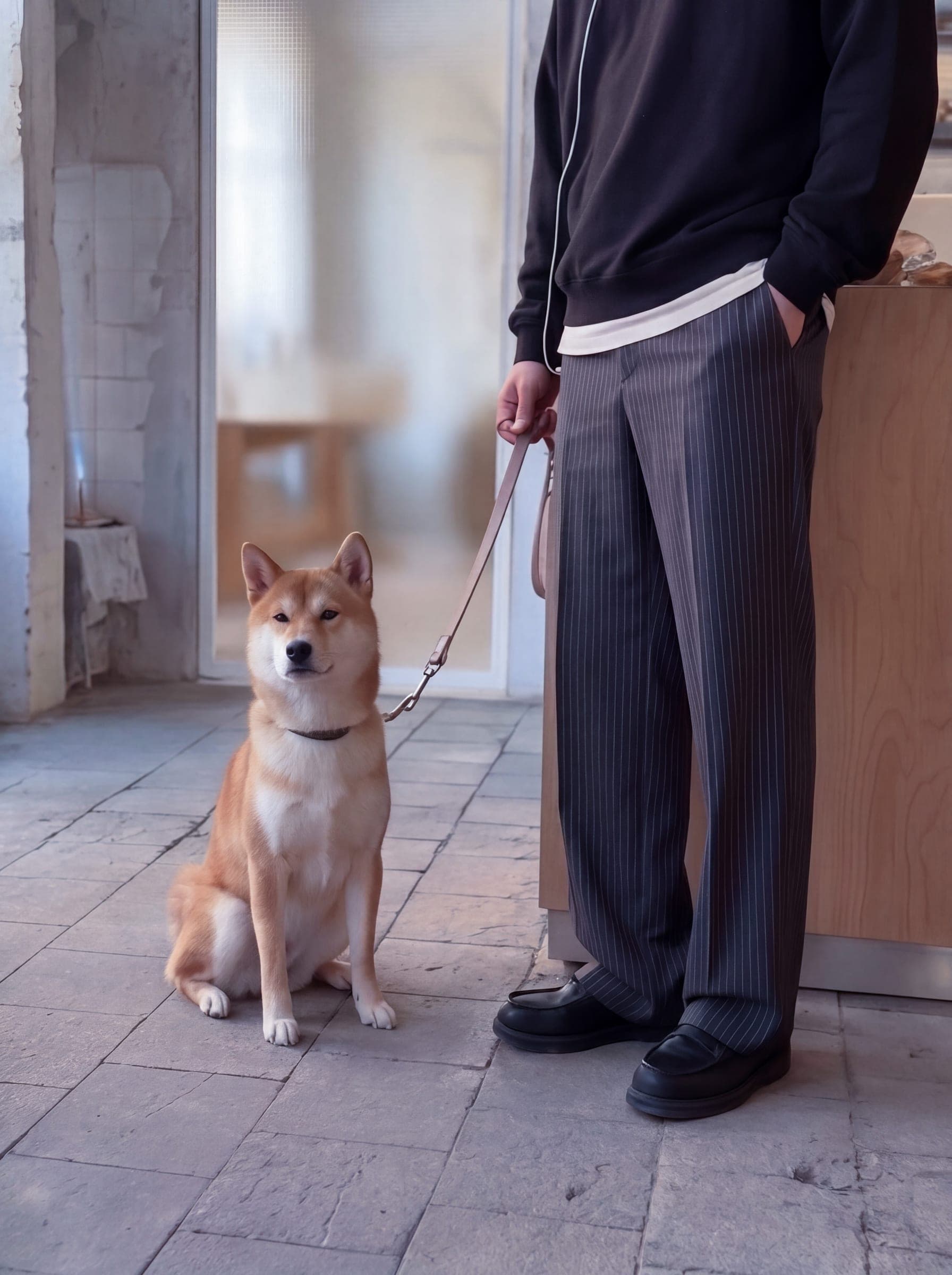 365.APParel Oversize Sweatshirt Black — man, cropped lower body, Shiba Inu on leash, wine bar, indoor